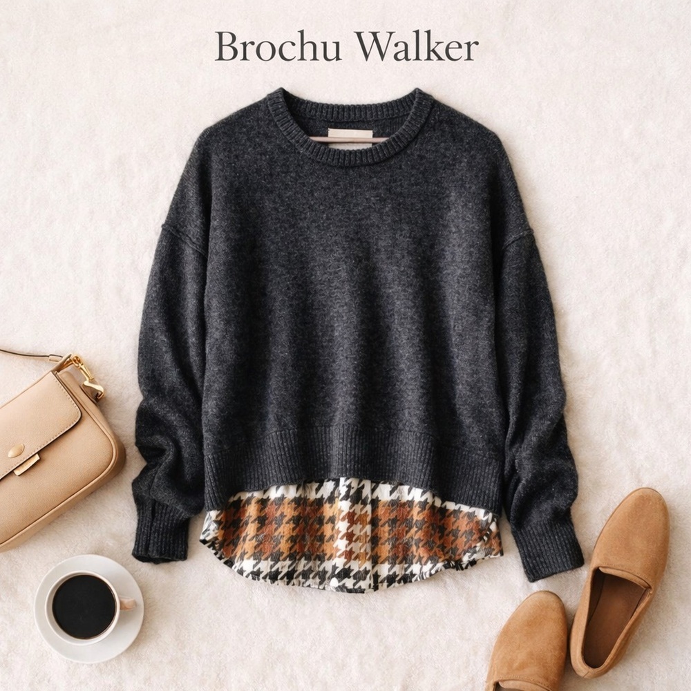 Brochu Walker Layered Sweater Houndstooth Hem Preppy Luxe Cashmere XS